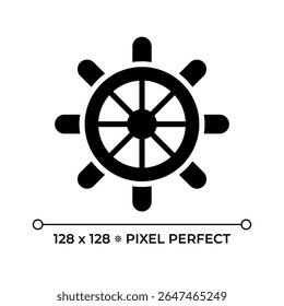 Ícone sólido de glifo perfeito de pixel do leme. Volante do navio. Equipamento de navios antigos. Nível para o comando do veleiro. Símbolo de silhueta preta no espaço negativo. Ilustração isolada de vetor