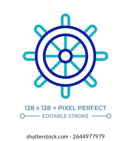 Helm pixel perfect two color line icon. Ship steering wheel. Vessel equipment. Level for boat controlling bicolor outline symbol. Duotone linear pictogram. Isolated illustration. Editable stroke
