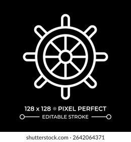 Helm pixel perfect white line icon in negative space. Ship steering wheel. Vintage vessel equipment. Level for boat controlling. Monochrome linear symbol on black background. Editable stroke