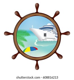 Helm and porthole with island and the ship. Concept advertising sea travel. Vector illustration.