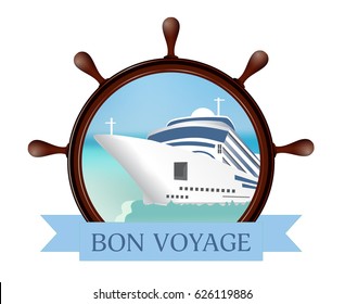 Helm and porthole with the ship, ribbon. Concept advertising sea travel. Vector illustration.