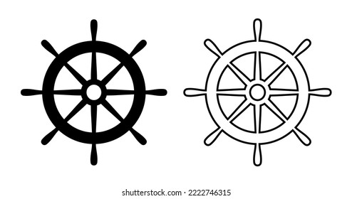 Helm ship icon. Black steering isolated on white background. Rudder boat silhouette. Simple outline ship helm for design travel print. Handle timon. Nautical wheel. Maritime steer. Vector illustration