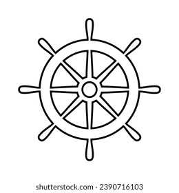 Helm ship icon. Black steering isolated on white background. Rudder boat silhouette. Simple outline ship helm for design travel print. Handle timon. Nautical wheel. Maritime steer. Vector illustration