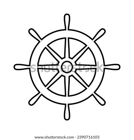 Helm ship icon. Black steering isolated on white background. Rudder boat silhouette. Simple outline ship helm for design travel print. Handle timon. Nautical wheel. Maritime steer. Vector illustration