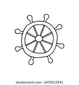 The helm of a ship, sea vessel. Steering motor. Wooden ship wheel. Doodle. Vector illustration. Hand drawn. Outline.