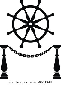 Helm. Steering wheel and anchor chain