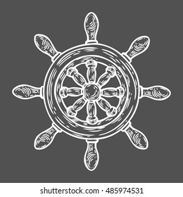 Helm vector hand drawn illustration engraved style. Retro vintage nautical doodle. Sketch logo, emblem, banner, label. Isolated on black