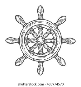 Helm vector hand drawn illustration engraved style. Retro vintage nautical doodle. Sketch logo, emblem, banner, label. Isolated on white
