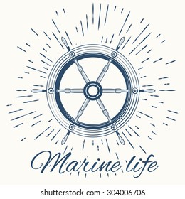 helm and vintage sun burst frame. Marine life