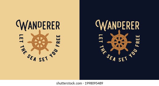 Helm of wanderer. Marine wheel for sailor t-shirt sea print. Nautical ocean design emblem with ship rudder
