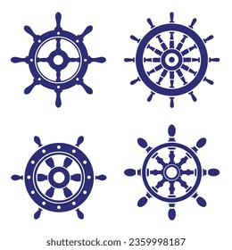 Helm wheel boat silhouettes set. Rudder of a ship