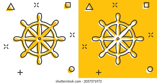 Helm wheel icon in comic style. Navigate steer cartoon vector illustration on white isolated background. Ship drive splash effect business concept.