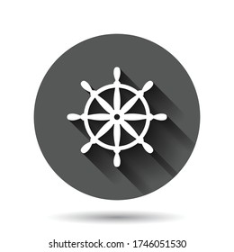 Helm wheel icon in flat style. Navigate steer vector illustration on black round background with long shadow effect. Ship drive circle button business concept.