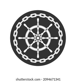 Helm wheel ship and chain graphic icon. Steering wheel sign in the circle isolated on white background.  Vector illustration