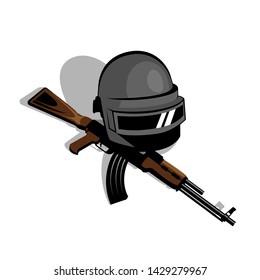 Helmet And A AKM Riffle. Pubg Game Vector Illustration Isolated On White Background