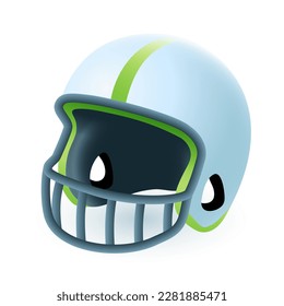 Helmet for American football or rugby player 3D illustration. Cartoon drawing of cap with safety grid in 3D style on white background. American football, sports, healthy lifestyle concept
