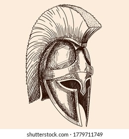 Helmet of the ancient Greek warrior hoplite with a national meander ornament. Simple hand sketch isolated on beige background.