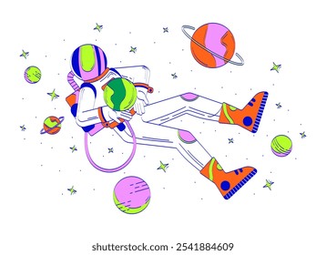 Helmet astronaut floating in space doodle line illustration concept. Spaceman universe exploration. Cosmonaut zero gravity planets 2D outline character isolated. Hand drawn ink drawing monochrome