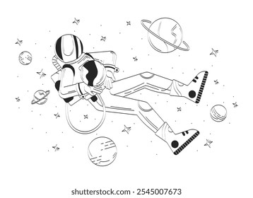 Helmet astronaut floating in space doodle line illustration concept. Spaceman universe exploration. Cosmonaut zero gravity planets 2D outline character isolated. Hand drawn ink drawing monochrome