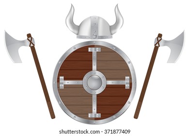 Helmet, axe and shield. Viking set. Vector illustration isolated on white background