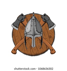 helmet with axes against the background of the shield. Can be used for printing on T-shirts, flyers and stuff. Vector illustration
