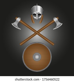 Casco, hachas y escudo de los vikingos. Ilustración vectorial.