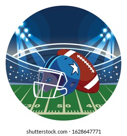 helmet and ball american football on stadium grass vector illustration design