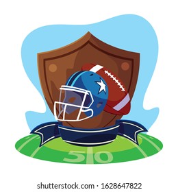helmet and ball american football on shield vector illustration design