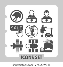 Helmet ban, sale pointer, satellite modern icons set depicting business, shopping and lifestyle items in solid style for apps and print on white background. Set of nine glyph icons