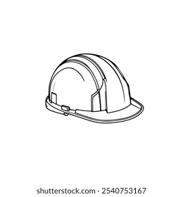 Dibujo de línea de boceto negro de casco sobre fondo blanco. Casco de dibujos animados estilo de dibujo de arte de línea. Sombrero de construcción Vector Negro Boceto lineal aislado.