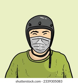 Helmet boy or man or guy smiling with mask on Green Background vector modern illustration