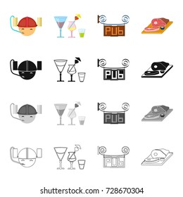 Helmet with cans of beer, glasses with alcohol, a pub sign, chopped ham. Pub and party set collection icons in cartoon black monochrome outline style vector symbol stock isometric illustration web.