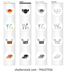 Helmet with cans of beer, glasses with alcohol, a pub sign, chopped ham. Pub and party set collection icons in cartoon black monochrome outline style vector symbol stock isometric illustration web.