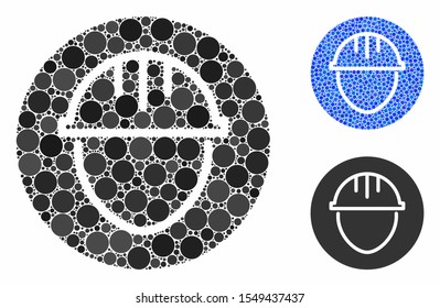 Helmet circle composition of spheric dots in variable sizes and color tones, based on helmet circle icon. Vector dots are composed into blue composition.