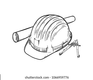 Helmet Compass and paper roll architect tools hand drawn