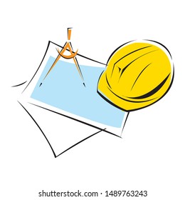 Helmet Compass and paper roll architect tools hand drawn