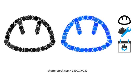 Helmet composition of round dots in different sizes and color hues, based on helmet icon. Vector round dots are combined into blue composition. Dotted helmet icon in usual and blue versions.