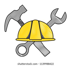 helmet construction with hammer and wrench key tools crossed