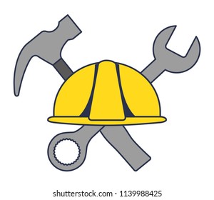 helmet construction with hammer and wrench key tools crossed