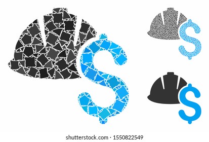 Helmet and dollar mosaic of rough elements in various sizes and color tinges, based on helmet and dollar icon. Vector rough elements are combined into illustration.