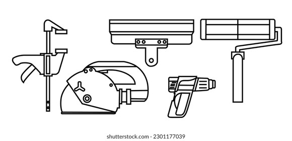  helmet, drill, angle grinder and other construction tools on a white background isolated isolated icons building tools repair, construction buildings, drill, hammer, screwdriver, saw, file, 