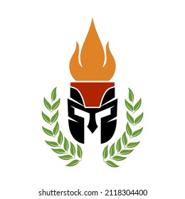 helmet fire of the Spartan warrior symbol, emblem. Spartan helmet logo, illustration of spartan fire, Spartan Greek gladiator helmet armor