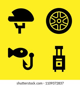 helmet, fishing, alloy wheel and luggage vector icon set. Sample icons set for web and graphic design