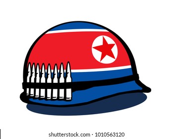 Helmet with flag of North Korea and bullets - militarization and armament of Korean state. Military equipment for warfare and defence of country. Vector illustration 