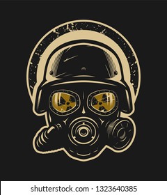 Helmet and gas mask, radiation protection.