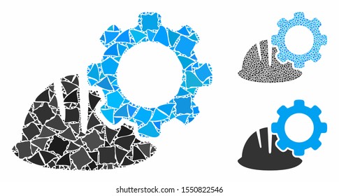 Helmet and gear composition of ragged items in various sizes and color hues, based on helmet and gear icon. Vector joggly parts are united into composition.
