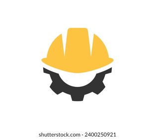 Icono de casco y engranaje. Seguridad y protección, ingeniero. Símbolos de construcción, trabajo e ingeniería. Ropa de trabajo, construcción de casco y diseño e ilustración de vectores de rueda cognitiva.