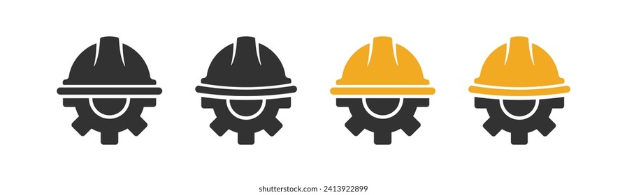 Helmet gear icons. Workwear symbol. Safety and protection, engineer. Cogwheel logotype. Construction helmet with gear. Head safety.