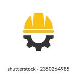 Helmet and gear. Safety and protection, engineer. Construction, labor and engineering symbols. Workwear, helmet construction and cogwheel vector design and illustration.