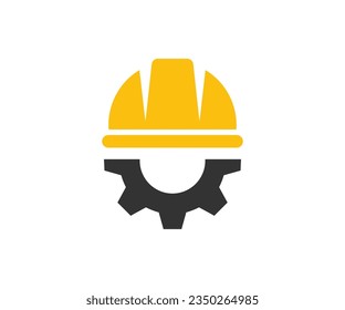 Helmet and gear. Safety and protection, engineer. Construction, labor and engineering symbols. Workwear, helmet construction and cogwheel vector design and illustration.